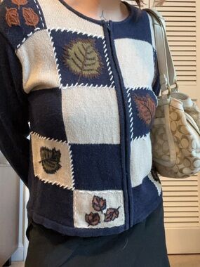 dressbarn Navy and Cream Leaf-Embroidered Zip Cardigan